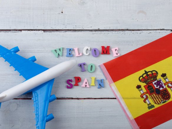 Travel time colorful wooden letters with text Welcome to Spain flag of the Spain airplane model passport