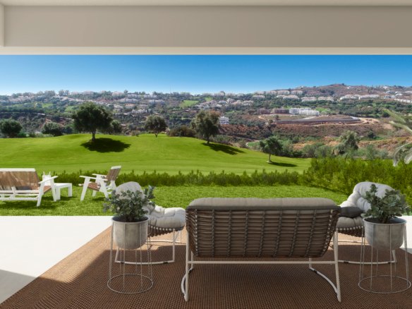 Sunlit terrace with panoramic golf and valley views